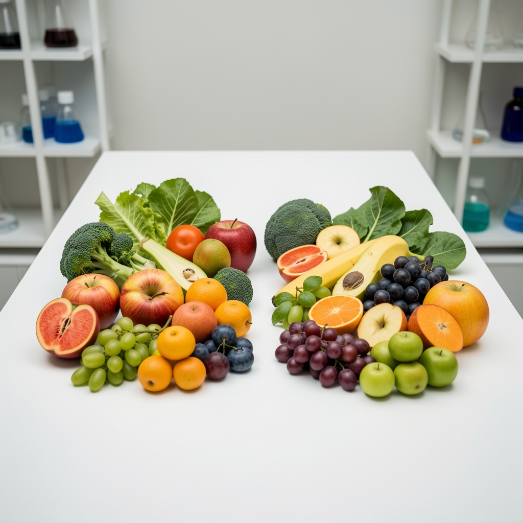 Прецизно сложене намирнице на лабораторијском белом столу, симетрична студијска композиција са поврћем и воћем