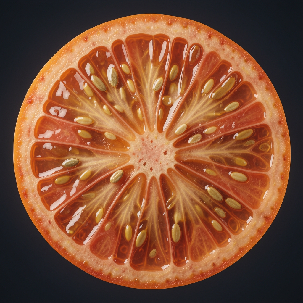 Апстрактни макро приказ попречног пресека наранче са видљивим ћелијским структурама у студијском хладном осветљењу