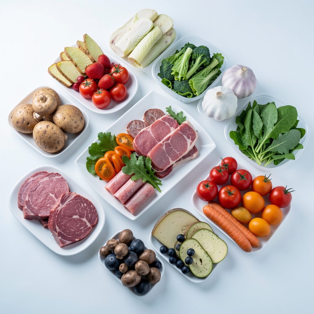 Систематска поставка разних намирница у правилном геометријском распореду на белој подлози, топ-виев аналитичка фотографија