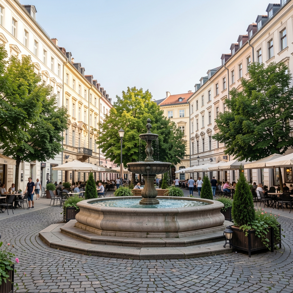 Светли урбани трг у Београду са калдрмом и зеленилом, мирна сцена у природном дневном светлу