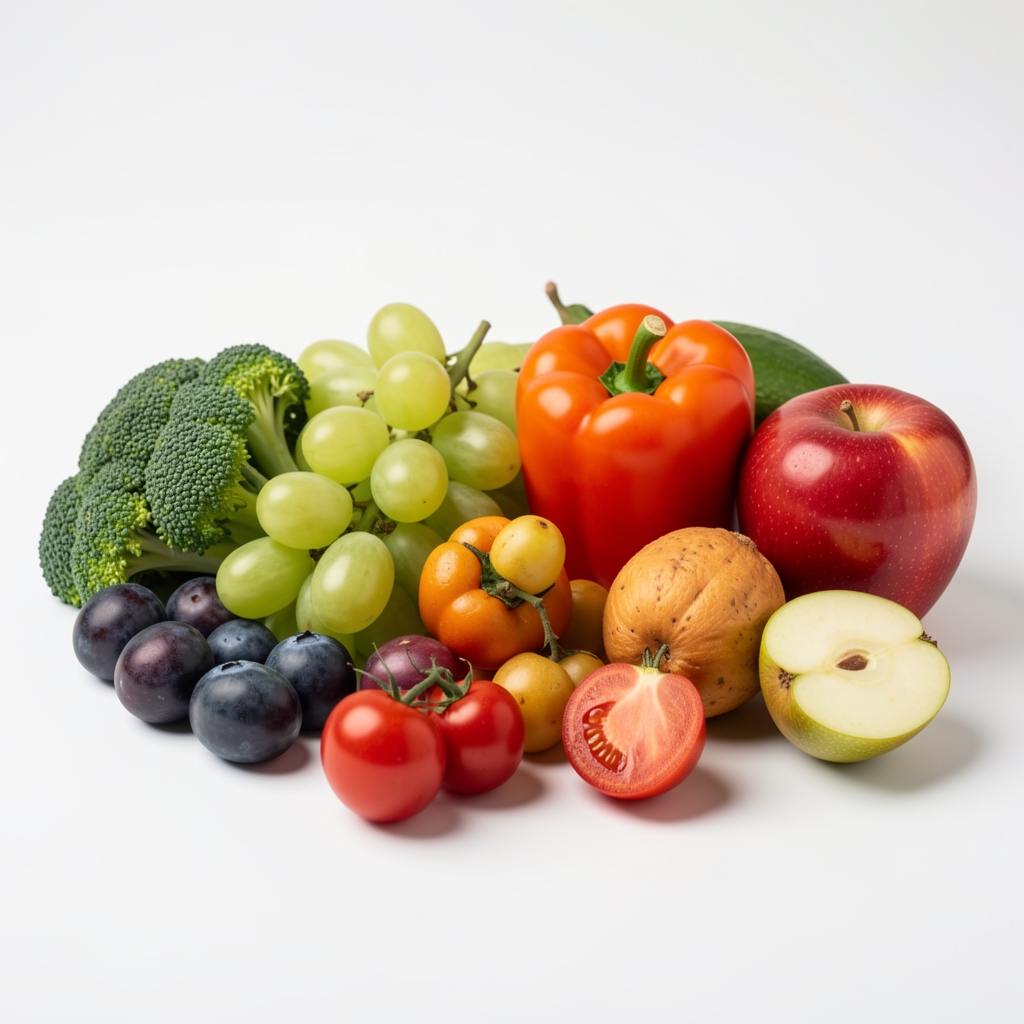 Свеже воће и поврће распоређено на белој површини у студијском осветљењу, макро приказ текстура и природних боја