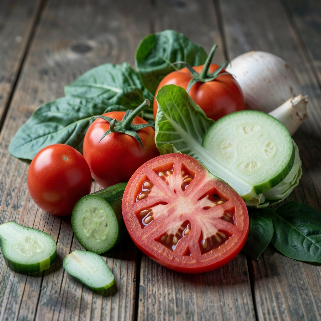 Пресек свежег поврћа на дрвеној површини, детаљан приказ текстуре и боје у хладном природном светлу